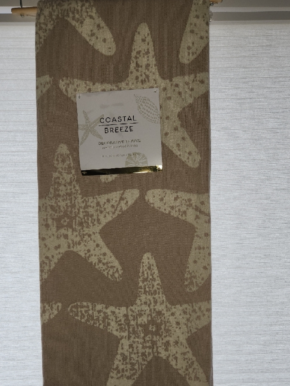 Coastal Breeze Decorative Throw - Taupe & White Reversible Starfish Pattern - Picture 2 of 4